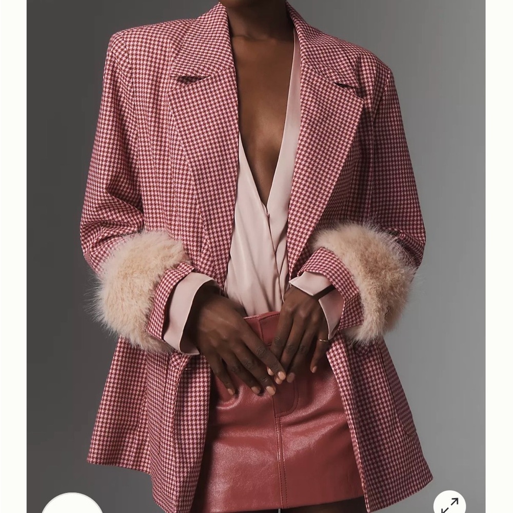 Maeve Pink Checkered Blazer with Faux Fur Accents